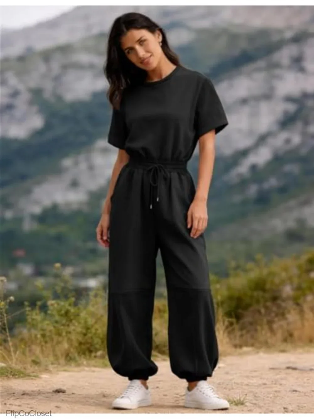 Womens One Piece Jumpsuit Casual Crewneck Wide Leg Romper Short Sleeve Cotton